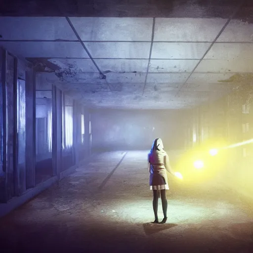 Prompt: woman holding a flashlight running through the interior of an abandoned restaurant, blue and yellow theme, with no windows, tables and chairs, cinematic lighting, night, terrifying, scp 3008, landscape, fog, artstation