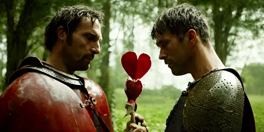 Image similar to film still of closeup the knight holds a bleeding heart in his hand by emmanuel lubezki