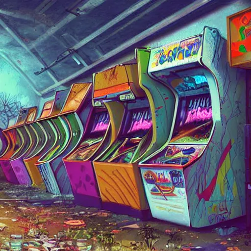 Prompt: beautiful, stunning digital art of an abandoned 1980s arcade with graffiti on the walls and plants growing from the cracks with colorful arcade games. by marc simonetti, featured on artstation