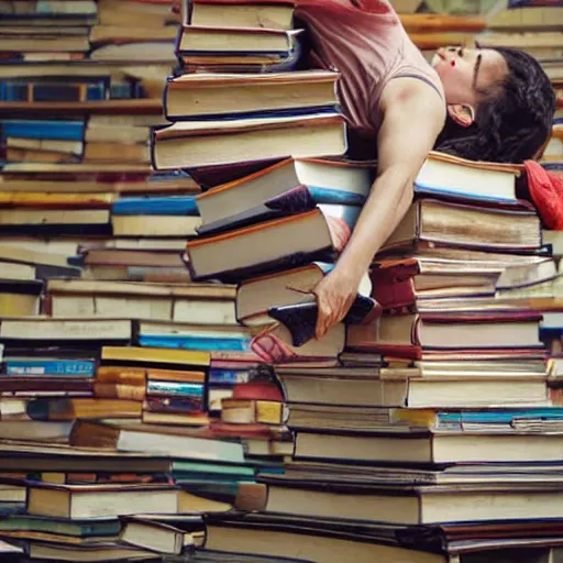 Image similar to a person climbing up a giant stack of books