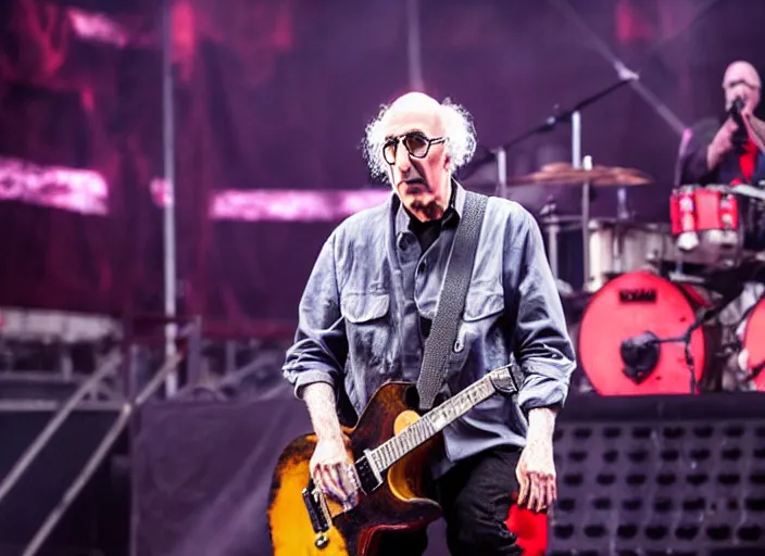 Image similar to publicity photo still of larry david touring with slipknot live on stage, 8 k, live concert lighting, mid shot