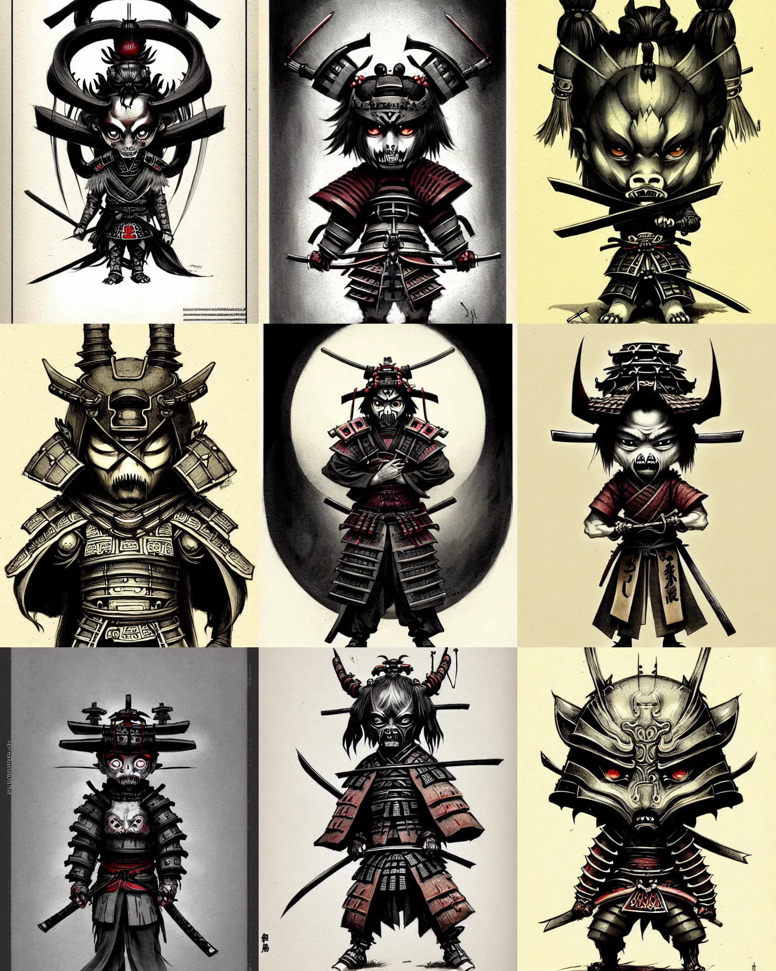 Prompt: a incredible symmetrical concept design, a full body portrait of a creepy cute samurai dark spirit chibi by jean - baptiste monge, concept design, page scan of 1 9 0 0's concept art, illustration, symmetry, desaturated, 2 k matte, concept art, detailed