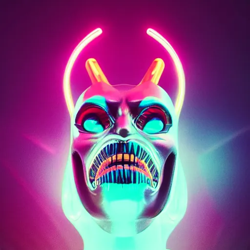 Image similar to synthwave demonic alien face with neon horns, detailed face, sharp focus, synthwave art, aesthetic, octane render, raw, cinematic