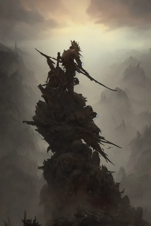 Image similar to the last warrior standing on the top of pile of skulls and dead bodies, it's raining blood from the sky, extremely detailed digital painting, in the style of fenghua zhong and ruan jia and jeremy lipking and peter mohrbacher, mystical colors, rim light, beautiful lighting, 8 k, stunning scene, raytracing, octane, trending on artstation