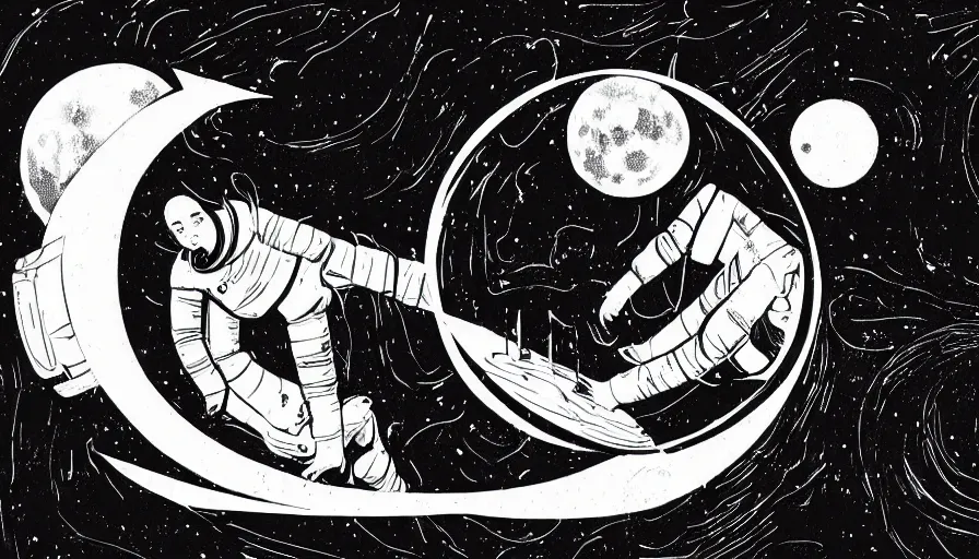 Image similar to travel to the moon in a dream, style of graphic novel, style of dave mckean, black outline, on white, smooth, thin sharp lines, detailed