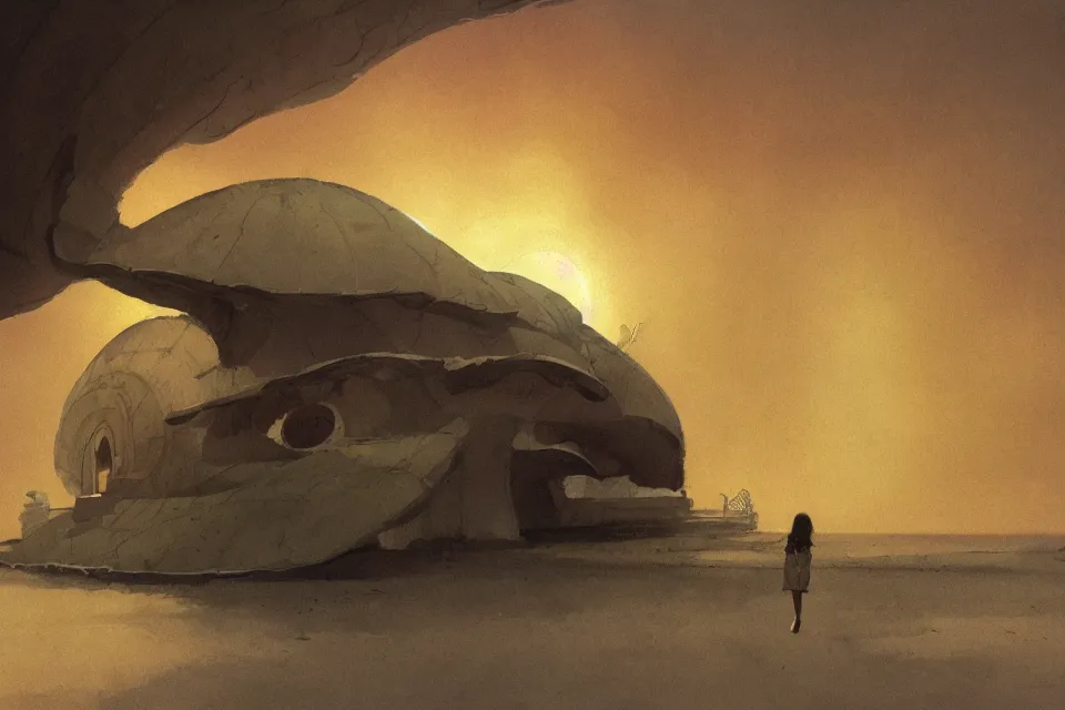 Prompt: atmospheric painting of a giant seashell house, a young girl stands outside, by moebius and john harris, atmospheric, concept art, saturation 20