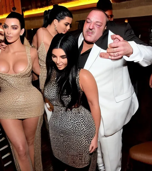 Prompt: Tony Soprano hugging kim kardashian & kylie Jenner at the same time in a mafia restaurant