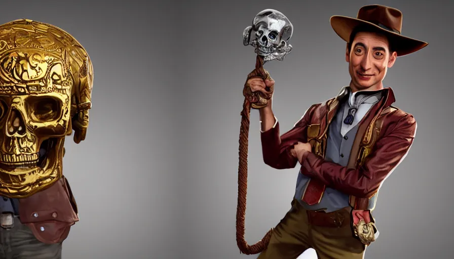 Image similar to pee - wee herman as indiana jones holding a whip in left hand and holding a golden mayan skull in the right hand, grey background, hyperdetailed, artstation, cgsociety, 8 k