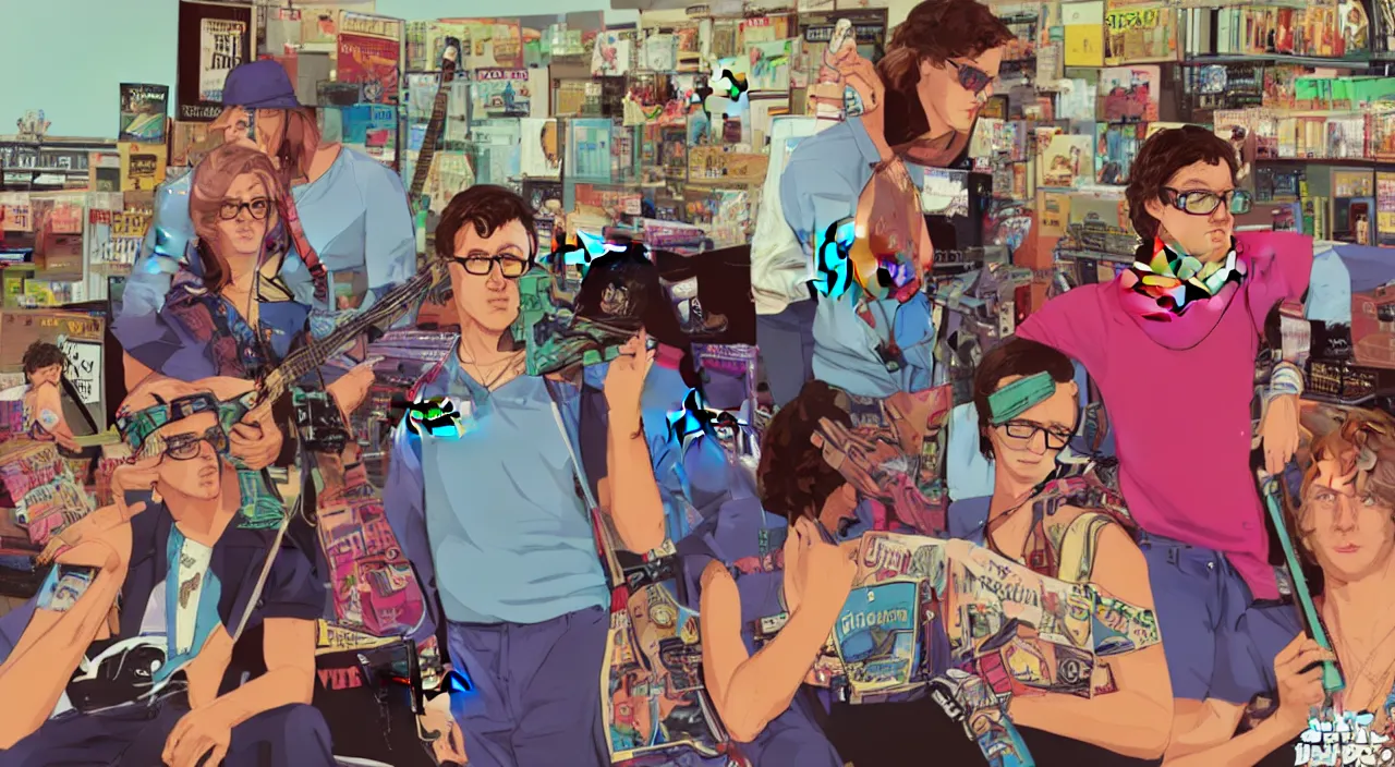 Image similar to GTA V illustration of 1980s nerdy teen on the cover of GTA V, in a 1980s music store