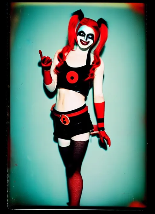 Image similar to kodak portra 4 0 0 of wendy's mascot wendy thomas as harley quinn, nostalgia filter 8 k, soft light, volumetric lighting, highly detailed, 1 5 0 mm lens, polaroid, photo realistic skin, backlit texture