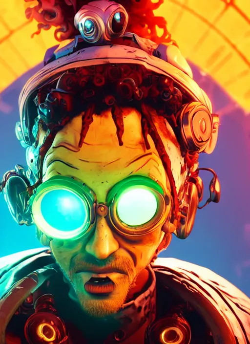 Prompt: glowwave portrait of curly orange haired mad scientist man from borderlands 3, au naturel, hyper detailed, digital art, trending in artstation, cinematic lighting, studio quality, smooth render, unreal engine 5 rendered, octane rendered, art style by pixar dreamworks warner bros disney riot games and overwatch.