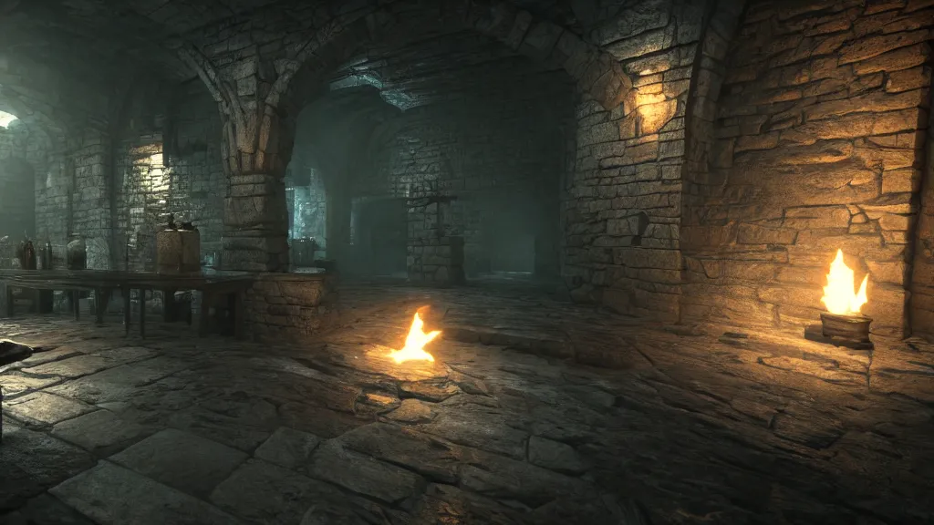 Image similar to delicious torch lit prison dungeon jail cell atmospheric unreal engine hyperreallistic render 8k character concept art masterpiece screenshot from the video game the Elder Scrolls V: Skyrim moody orange 2700K global illumination