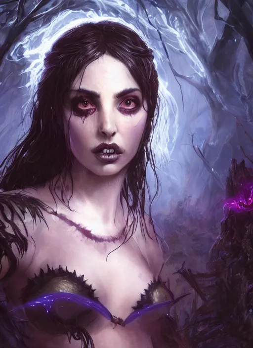 Image similar to a close - up of a beautiful succubus necromancer from magic the gathering, lord of the rings, and star trek ( ( ana de armas ) ) in a bioluminescent ancient dark forest, greg rutkowski, 8 k, shallow depth of field, intricate detail, concept art,