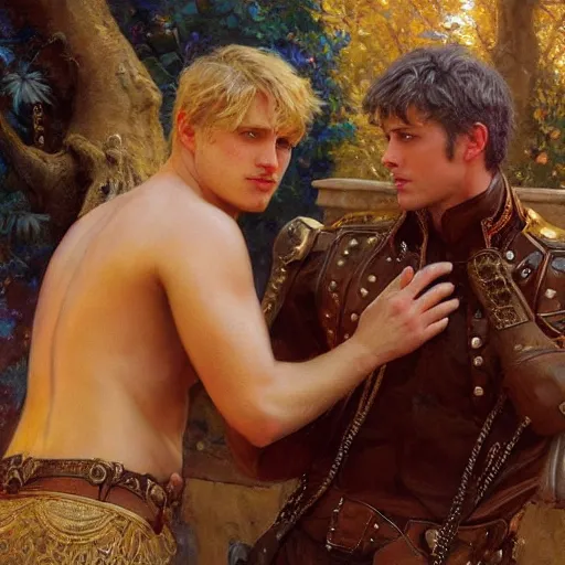 Prompt: attractive male, arthur pendragon who has blond hair confesses his love to attractive male, merlin who has dark hair. highly detailed painting by gaston bussiere, craig mullins, j. c. leyendecker 8 k