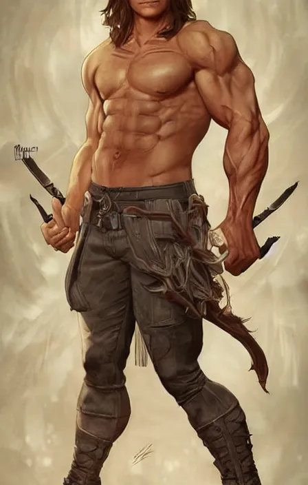 Image similar to pretty muscular sam winchester as a character in a final fantasy art design, character concept, sharp focus!, ultra detailed, art by artgerm alphonse mucha, wlop