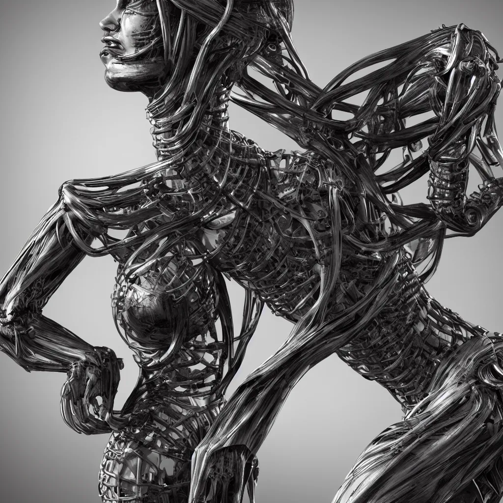 Image similar to a beautiful female is infected with a biomechanical suit, octane render, hyper realistic, art by hr giger, full profile, multiple angles