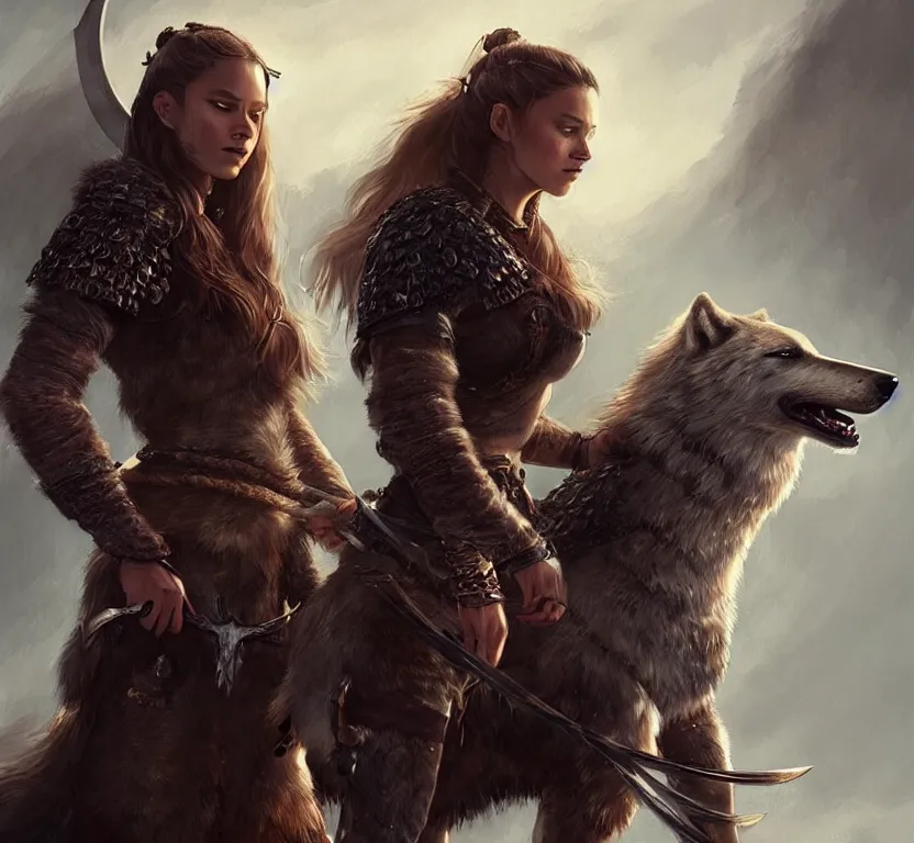 Prompt: a gorgeous!! woman resembling alicia vikander as a viking warrior accompanied by a dire wolf on the battlefield | drawn by wlop, drawn by jeehyung lee, drawn by argerm | intricate, highly detailed, ultra graphics, digital painting, artstation