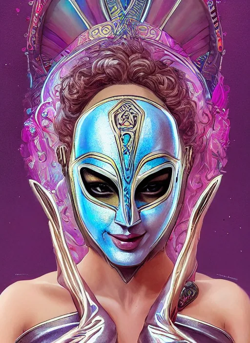 Image similar to “ gal gadot as adorable woman wear beautiful intricate mask, pastel color, iridescent, highly detailed, tarot card featured on artstation, cgsociety, artgerm, clear symmetrical face, by moebius, kelly mckernan, skeeva and tom bagshaw, 8 k, intricate details, fantasy, character design, concept art ”