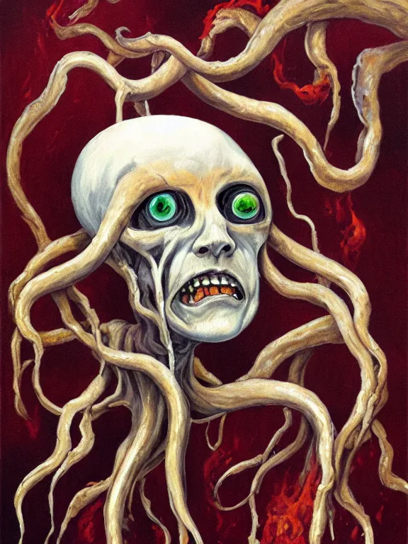 Prompt: oil painting of a flying sorrowful looking human head with tears running down it's eyes, face that is chalk white in color, with long sprawling white tentacles stemming down it's neck, fiery scorching red eyes, flying in a terrifying hellish dark cavernous place