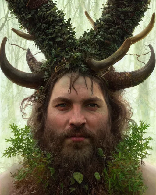 Image similar to forest druid with ram horns and leaves in his beard | highly detailed | very intricate | symmetrical | cinematic lighting | award - winning | closeup portrait | painted by donato giancola and mandy jurgens and charlie bowater | featured on artstation