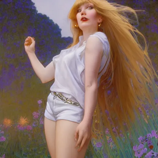 Image similar to A young woman with blonde long hair and bangs in shorts and white shirt drawn by Robert McGinnis and Julie Bell and Zeronis and alphonse mucha, background by James Jean and gustav klimt, 4k, sunny day, volumetric lighting, french nouveau, trending on artstation, octane render, hyperrealistic