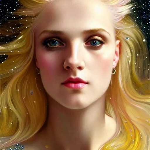 Prompt: portrait of a blonde girl surrounded by shimmering reflective gems, face, fantasy, intricate, elegant, dramatic lighting, highly detailed, lifelike, photorealistic, digital painting, artstation, concept art, smooth, sharp focus, illustration, art by John Collier and Krenz Cushart and Artem Demura and Alphonse Mucha and and Albert Aublet