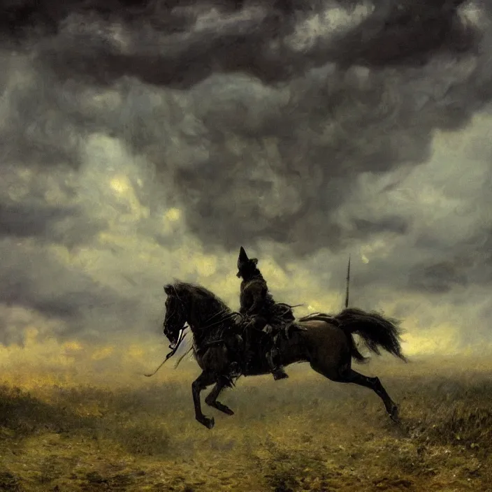 Image similar to medium shot, low-angle, painting of wild hunt in the sky, ghostly riders, dark clouds, rain, lightning, night, beautiful, dark academia aesthetic, magic vibes, soft lighting, by George Roux, by Monet, by oil on canvas, Royal Academy, masterpiece, trending on artstation, cinematic composition, dramatic pose, beautiful lighting, sharp, details, hyper-detailed, HD