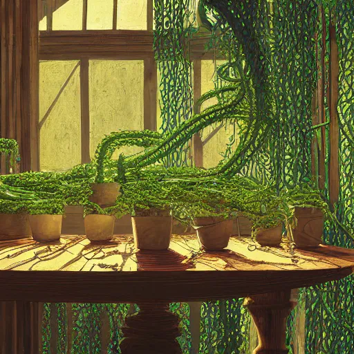 Prompt: wide shot several green poisonous spiked tentacula vines grow from a pot, on wooden table in the diagon ray of sunshine in large greenhouse, digital art, realistic, sharp focus, high detailed, calm, warm lighting, by Rutkowsky, by Levitan