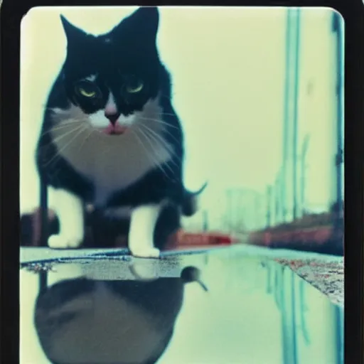 Image similar to wide-shot very low-angle eyesight first-person reflection of a cat's face in the puddle at the street, polaroid photo, by Andy Warhol, signed