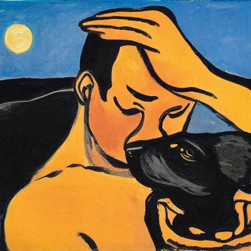 Prompt: fauvist painting of a man wiping sweat off his brow on a moonlit beach at night, with a black dog,