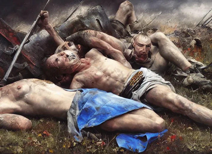 Image similar to after the battle, the warriors take their rest, art by denys tsiperko and bogdan rezunenko, hyperrealism