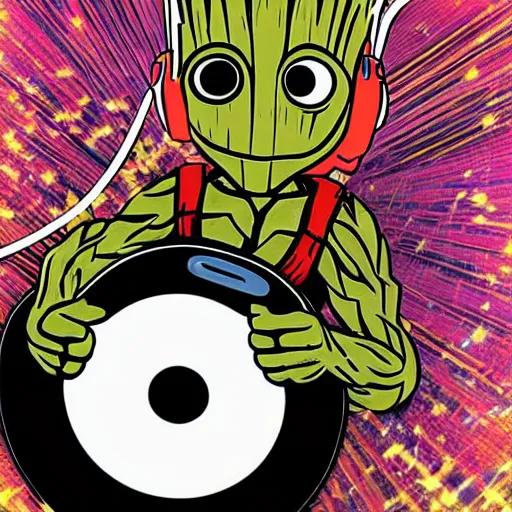 Image similar to svg sticker of a Pop-Wonder Groot-Marvel-Avenger at a rave, spinning records, giant headphones rocking out, wearing headphones, huge speakers, dancing, rave, DJ, spinning records, digital art, amazing composition, rule-of-thirds, award-winning, trending on artstation, featured on deviantart