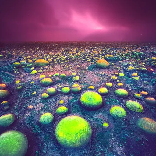 Image similar to a stunning, moody photograph from an alien planet. Vivid colors