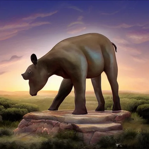 Image similar to a tapir sculpting a stone statue of the lambda symbol, epic sunset in the background, highly detailed digital art by boris vallejo