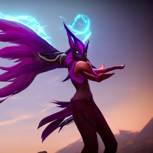 Image similar to xayah and kai'sai, league of legends, unreal engine, by weta digital, 3 - dimensional, rays of shimmering light, best friends