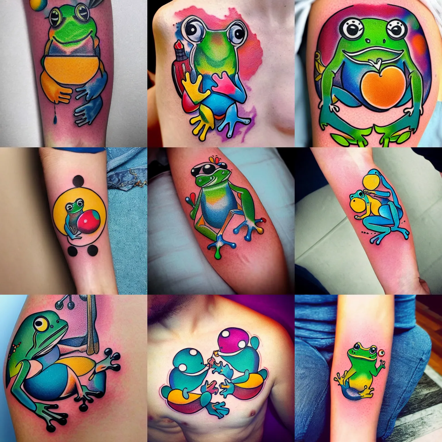 Prompt: cute colorful modern tattoo two frogs holding a pearl, neotraditional modern minimalist, instagram highlights, flash sheet, colorful