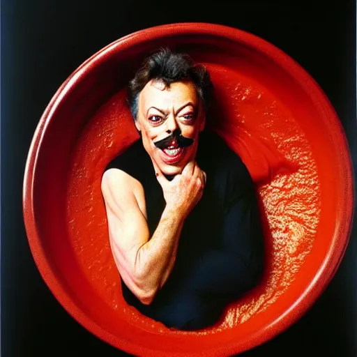 Prompt: uhd tim curry in a bowl of curry. photo by annie leibowitz