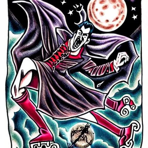 Image similar to dracula dancing on roller skates surrounded by bats and a full moon in the style of american traditional tattoo