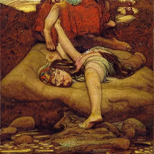 Image similar to inca insane by ford madox brown. a computer art of a beautiful scene of nature. the colors are very soft & muted, & the overall effect is one of serenity & peace. the composition is well balanced, & the brushwork is delicate & precise.