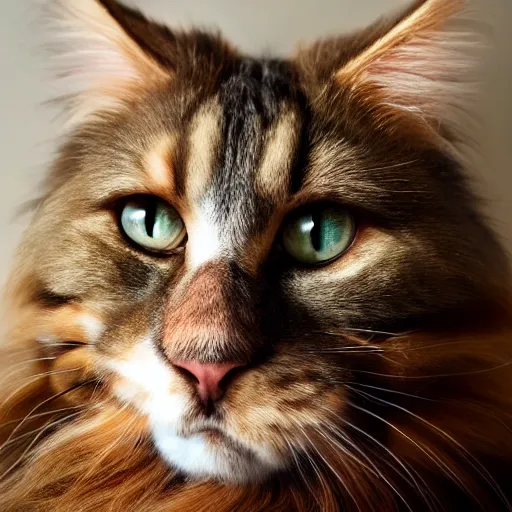 Prompt: very cute huge giant large calico main coon on bed, portrait, pixar style, cinematic lighting, award winning creature portrait photography