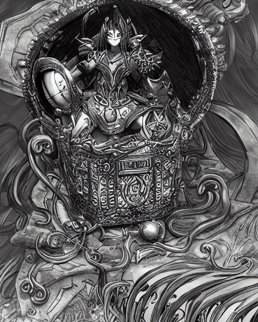 Prompt: a closed treasure chest, black and white, fantasy art, object art, in the style of masami kurumada, illustration, epic, fantasy, intricate, hyper detailed, artstation, concept art, smooth, sharp focus, ray tracing