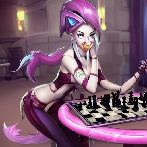 Prompt: Jinx (from league of legends) sitting by a table playing chess, Artgerm, trending