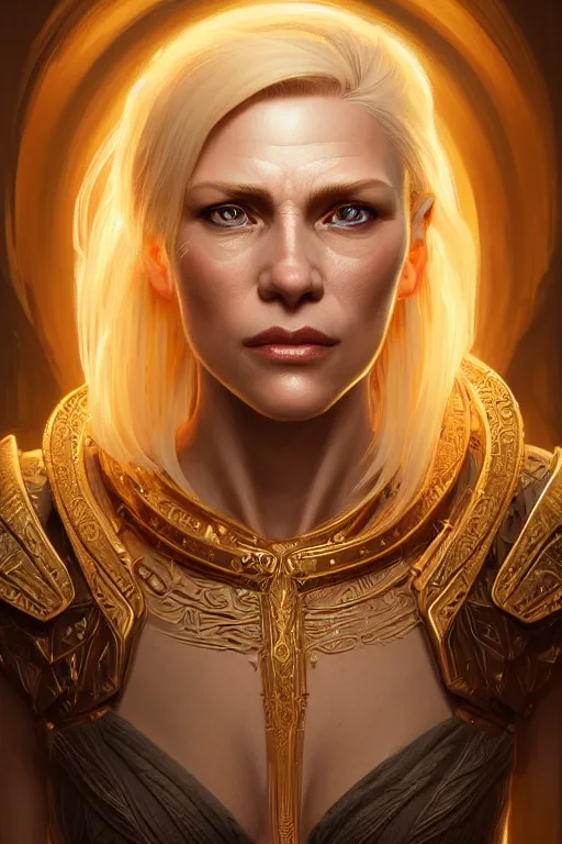 Prompt: portrait of a middle aged blonde haired woman in the style of god of war, golden machine parts, intricate, elegant, highly detailed, digital painting, artstation, concept art, smooth, sharp focus, illustration, art by artgerm and greg rutkowski and alphonse mucha, 8 k