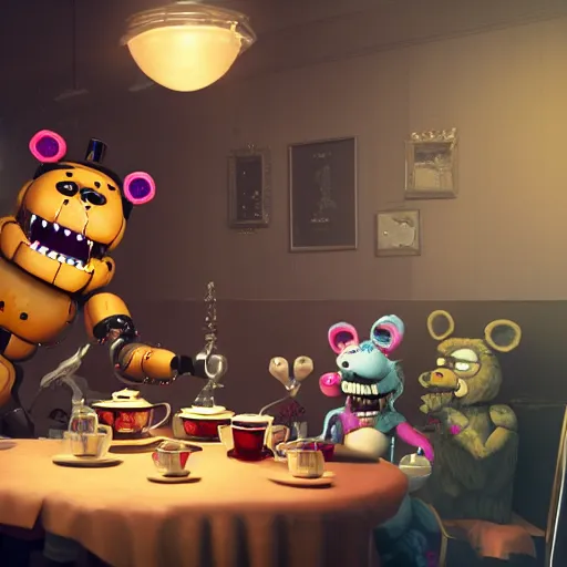 Image similar to a five nights at freddy's animatronic having an intense tea party with the queen of england, octane render / source, oil painting, trending on artstation, rossdraws