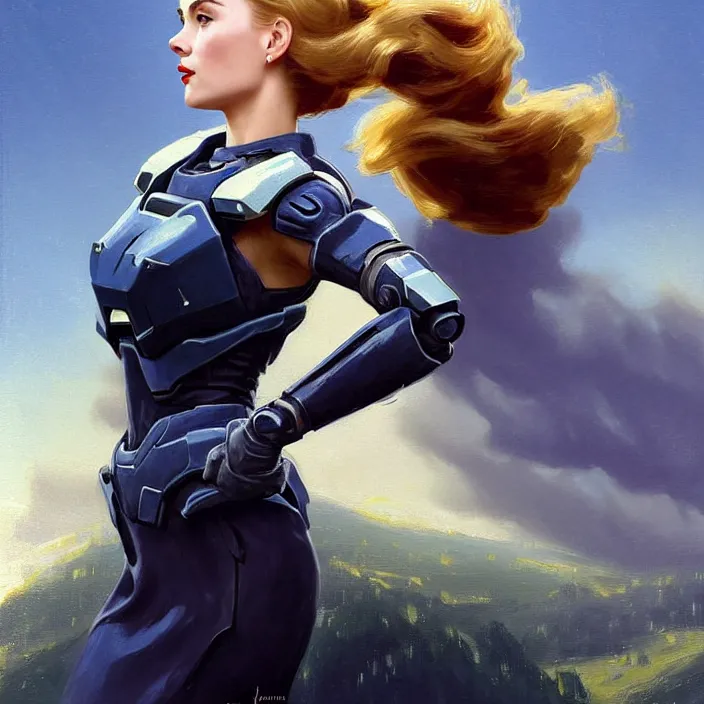 Image similar to A combination of Scarlett Johannson’s and Grace Kelly’s and Audrey Hepburn's appearance wearing Forerunner armor from Halo, countryside, calm, fantasy character portrait, dynamic pose, above view, sunny day, thunder clouds in the sky, artwork by Jeremy Lipkin and Giuseppe Dangelico Pino and Michael Garmash and Rob Rey and Greg Manchess, very coherent asymmetrical artwork, sharp edges, perfect face, simple form, 100mm