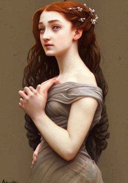 Prompt: little girl sansa stark, intricate, elegant, highly detailed, digital painting, artstation, concept art, smooth, sharp focus, illustration, art by artgerm and greg rutkowski and alphonse mucha and william - adolphe bouguereau