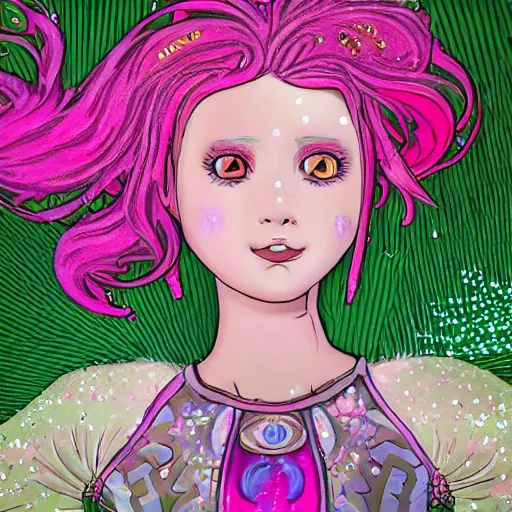 Prompt: a mythological young girl with freckles and pink hair looks at the camera, she has sparkles and stickers on her face rococo, art nouveau, manga, expressionism 3 d 8 k ultra detailed