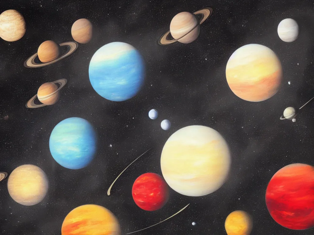 Prompt: A beautiful painting of a five planets, There are five planets that are black, white, yellow, red, and blue, behind the galaxy and the universe, Trending on artstation, graphic design, simple