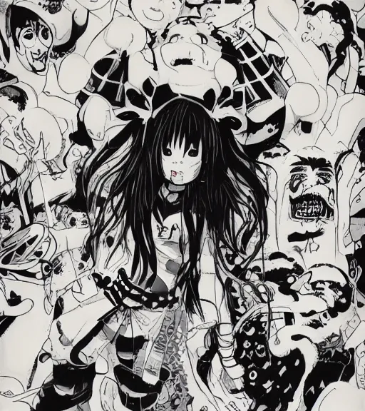 Image similar to portrait of happy energetic cute goth girl, Ryuko Matoi, wearing a sailor fuku, by Mike Mignola, chris bachalo, symmetrical, detailed face, 8k, print ready, black + white