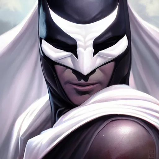 Image similar to characters portrait of MoonKnight mixed with Batman by ArtGerm and Tom Bagshaw, merged character, 4k, highly detailed, cinematic lighting